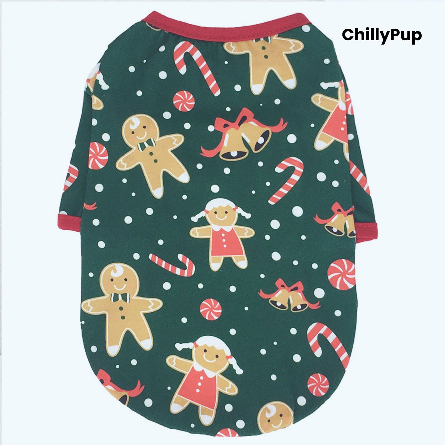Dog christmass thin jumper on a white background with Chillypup branding.