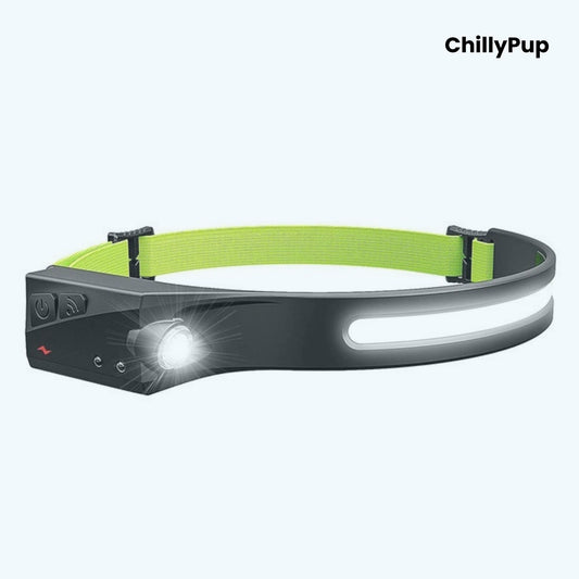 Headlamp with green strap on a white background, branded 'ChillyPup'.