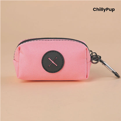 Pink Poo Bag Holder with black zipper and carabiner on a beige background, featuring the brand 'ChillyPup'.