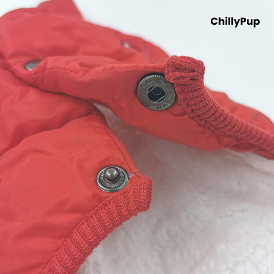 Red dog coat with 'ChillyPup' branding on a white background