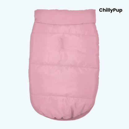 Pink dog coat with 'ChillyPup' branding on a white background