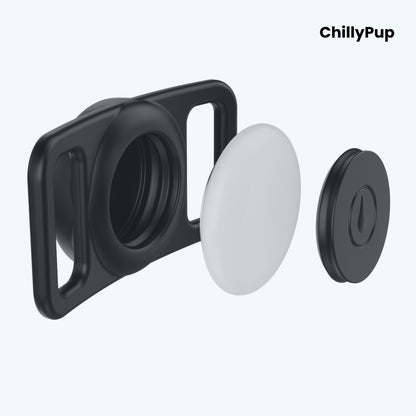 airtag holder for collar with 'ChillyPup' branding on a light purple background
