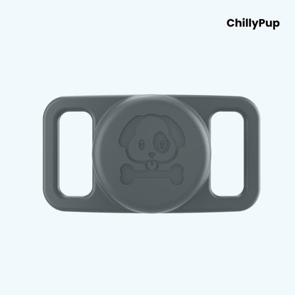 Grey airtag holder for collar with 'ChillyPup' branding on a light purple background