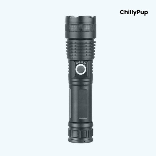 Black Torch with labelled features on a white background, branded 'ChillyPup'.