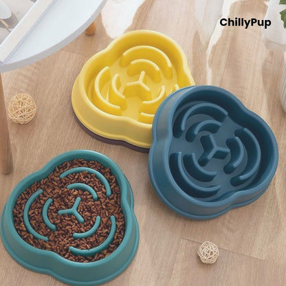Three pet bowls with maze design on a wooden surface, branded 'ChillyPup'.