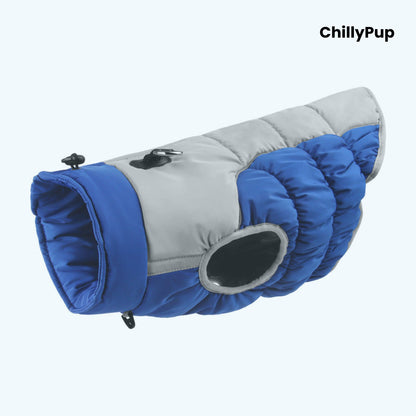 Premium Puffer Dog Coat with Chillypup branding on a white background