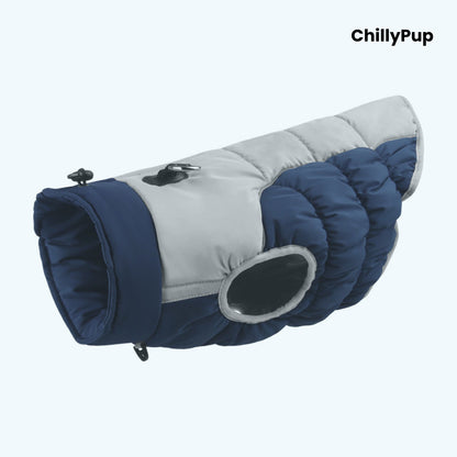 Premium Puffer Dog Coat with Chillypup branding on a white background