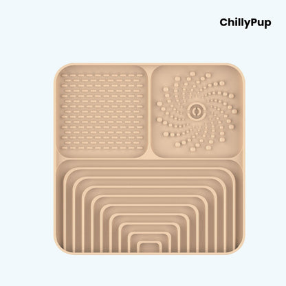Silicone Lick mat with textured sections on a white background, branded 'ChillyPup'.
