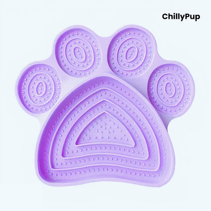 Purple paw-shaped pet lick pad with 'ChillyPup' branding on a white background