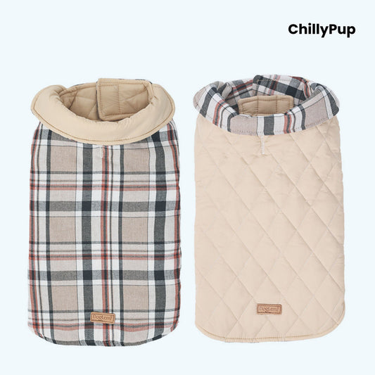 Reversible Heritage Tartan Dog Coat showing both sides with ChillyPup branding on a white background.