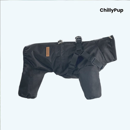 Drizzle Harness Dog Raincoat in Black, full-body waterproof suit with built-in harness