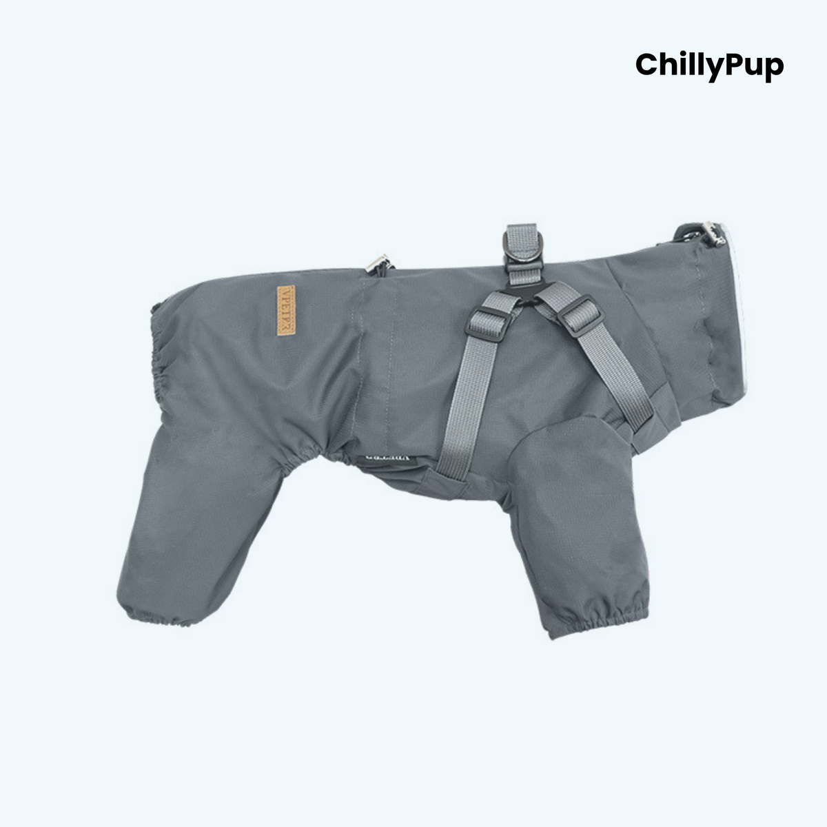 Drizzle Harness Dog Raincoat in Dark Grey, full-body waterproof suit with built-in harness